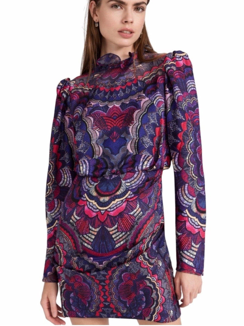 SALONI Women's Pink & Purple Patterned Long-Sleeve Ruffle-Neck Dress
